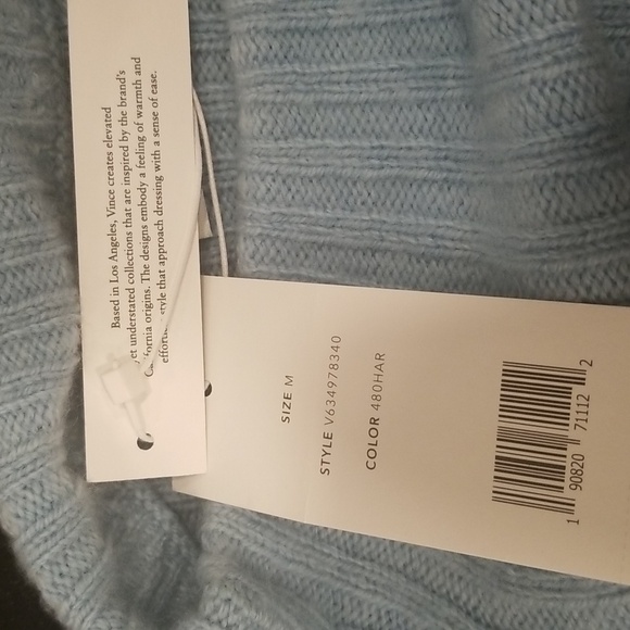 💕VINCE💕 Ribbed Mock Neck Wool Cashmere Blend Sweater ~ Heather Aria Blue M NWT - Picture 15 of 16